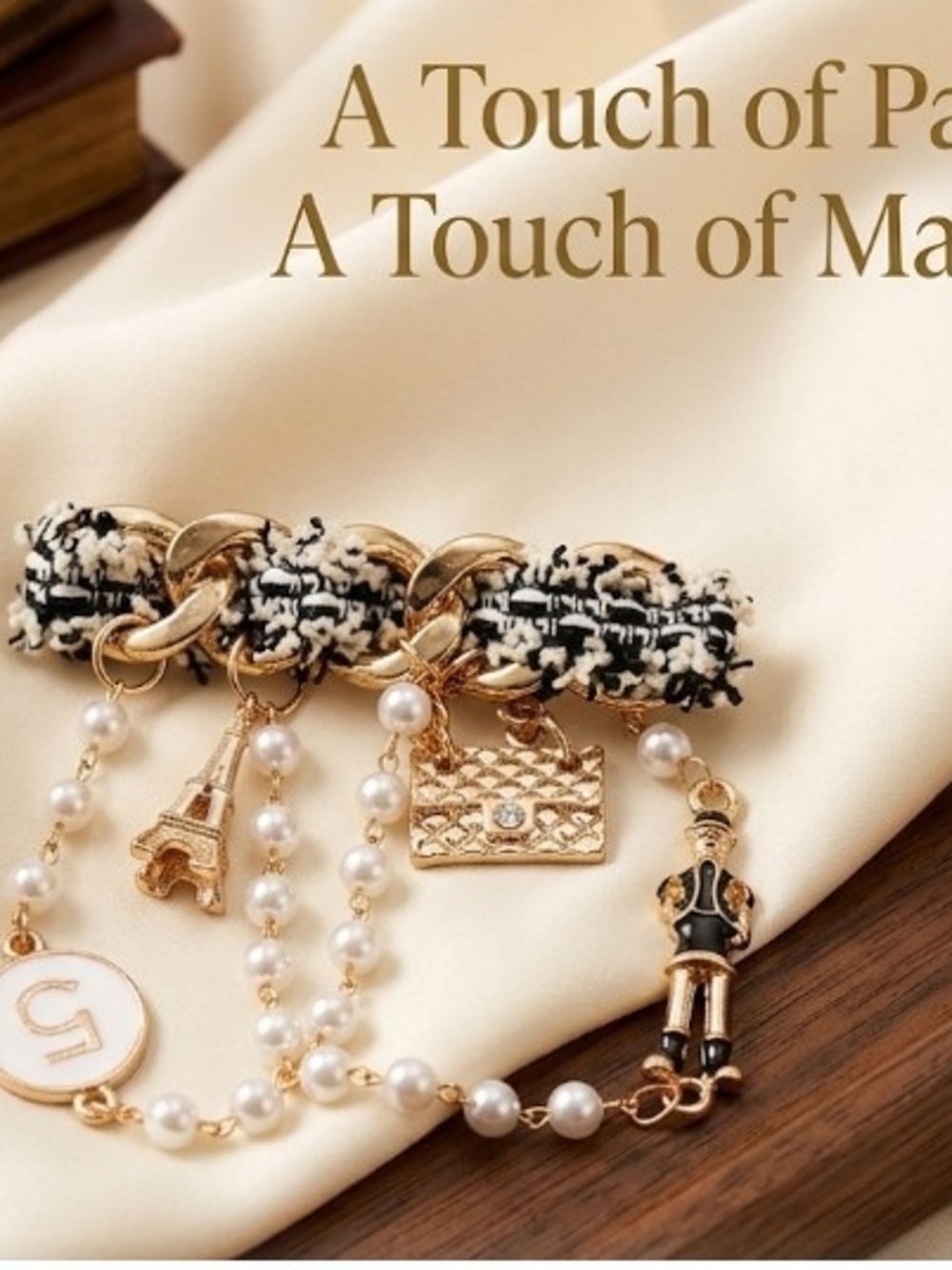 Gold-Tone Black & White Tweed Brooch w/Paris Vibes